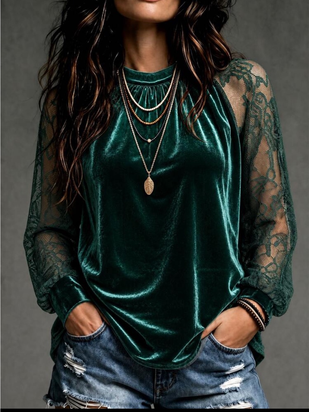 Luxe Velvet Sheer Mesh Lace Long Sleeve Top Blouse Shirt